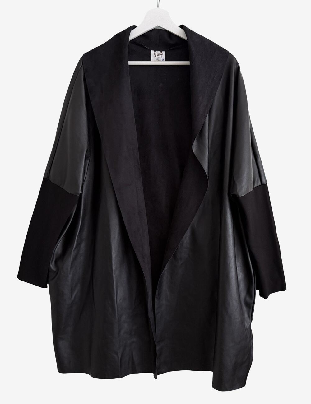 PLANET by Lauren G Black Vegan Leather Microfiber Draped Collar Open Jacket OS